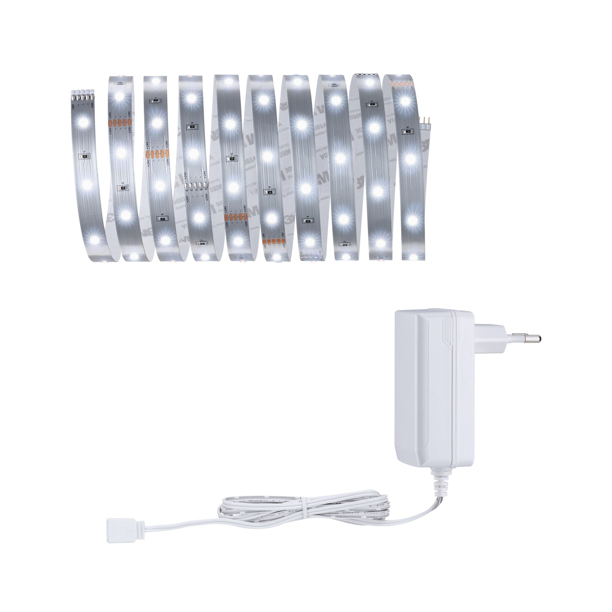 Witte LED-strip met adapter, flexibel aluminium materiaal voor moderne verlichtingsoplossingen.