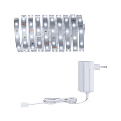 White LED strip light with power adapter, flexible aluminum material for modern lighting solutions.