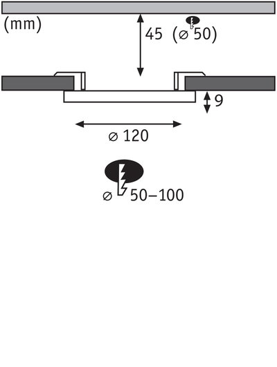 Technical drawing with dimensions for round recessed spotlight Ø120 mm, installation depth 45 mm, cutout Ø50-100 mm