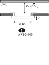 Technical drawing with dimensions for round recessed spotlight Ø120 mm, installation depth 45 mm, cutout Ø50-100 mm