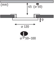 Technische Zeichnung mit Maßen für Einbauleuchte Ø120 mm, Einbautiefe 45 mm, Ausschnitt Ø50 mm