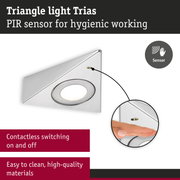 Triangle LED light Trias in brushed stainless steel with PIR sensor for hygienic contactless switching