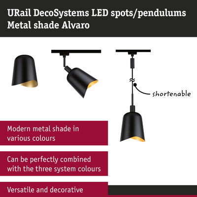 Black metal LED shade Alvaro as pendant and spot light, shorten-able, modern design for LED spots