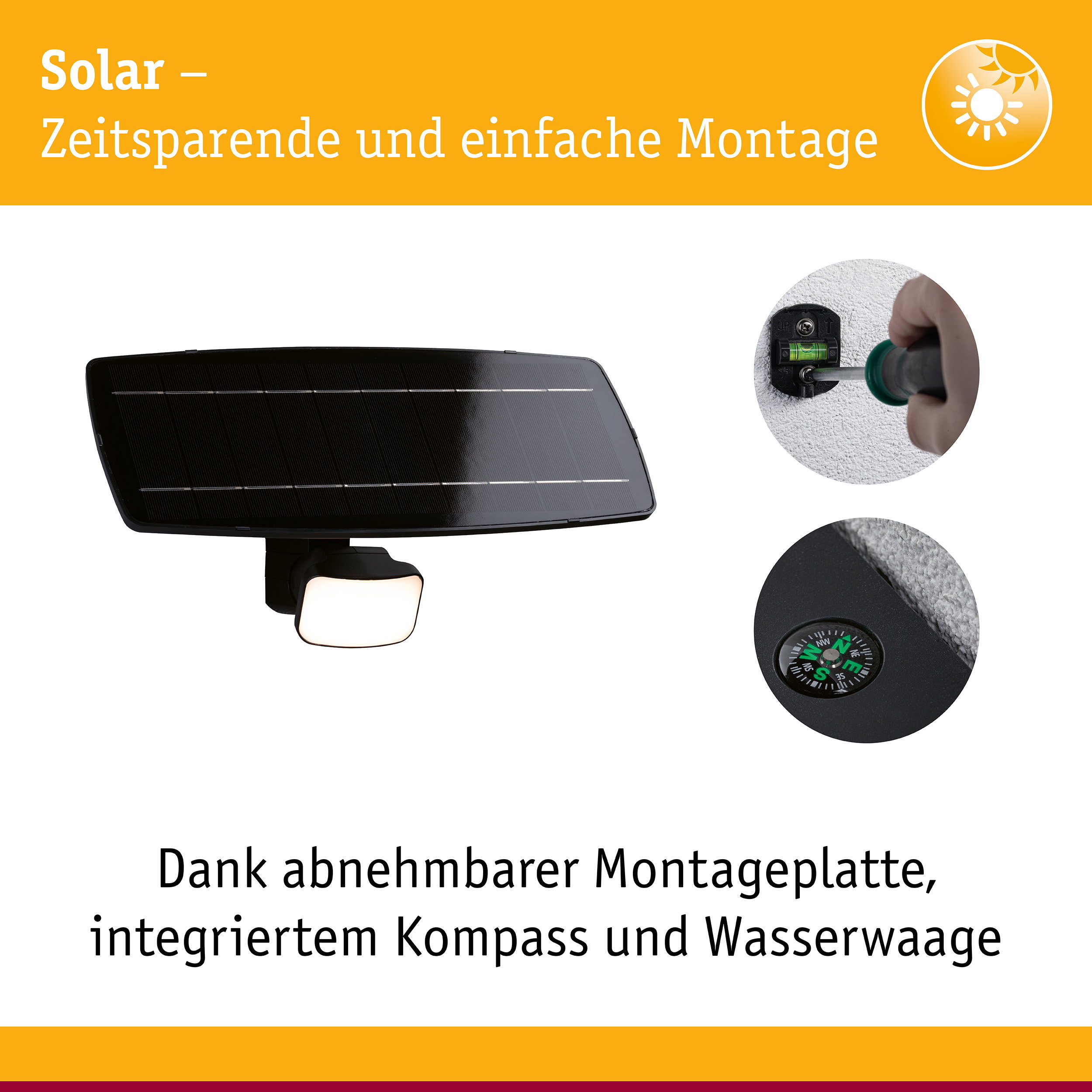 Schwarzes Solarpanel mit integriertem LED-Licht, Montageplatte mit Wasserwaage und Kompass für einfache Installation