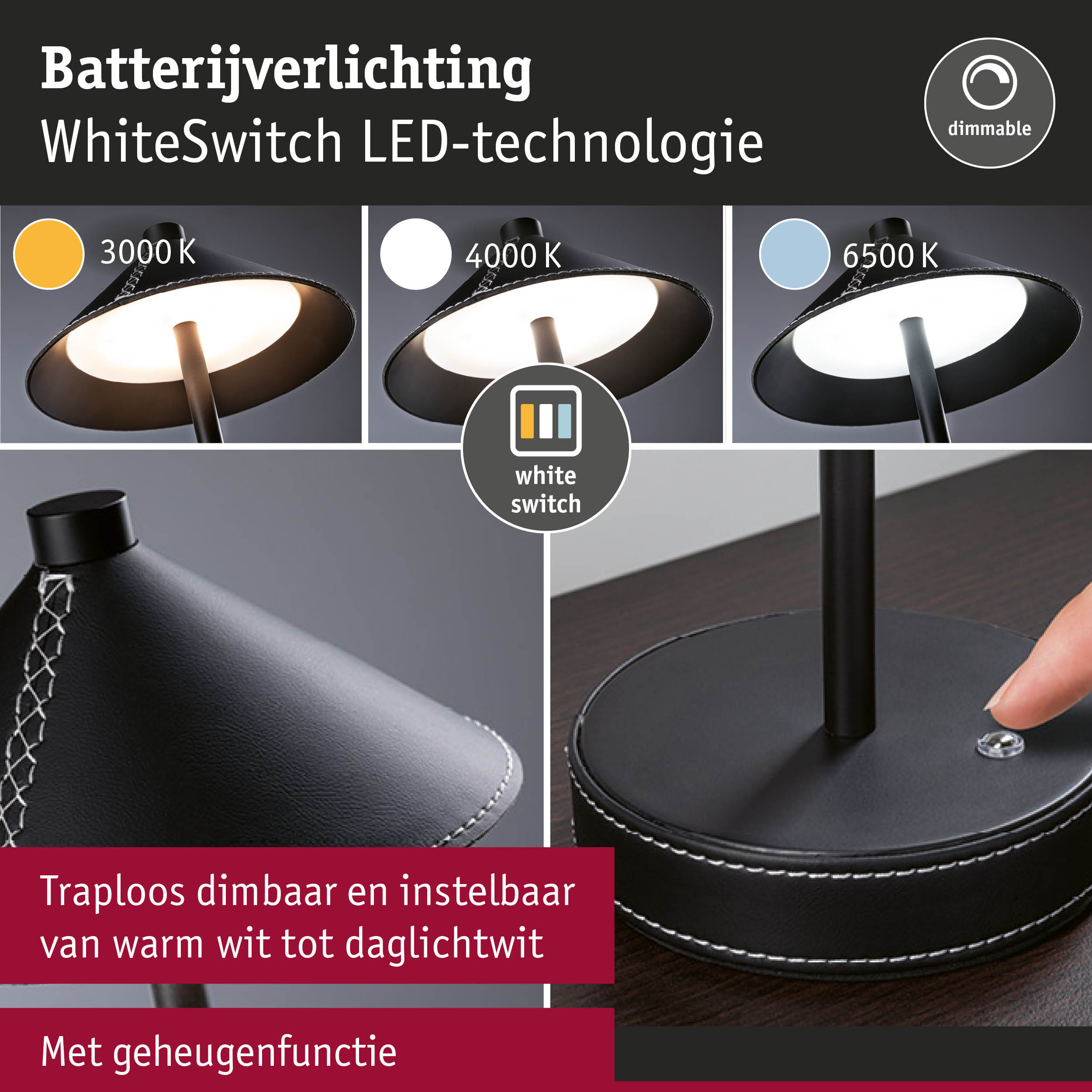 Zwarte LED-tafellamp met dimbare WhiteSwitch-technologie en instelbare kleurtemperatuur van 3000 tot 6500 K