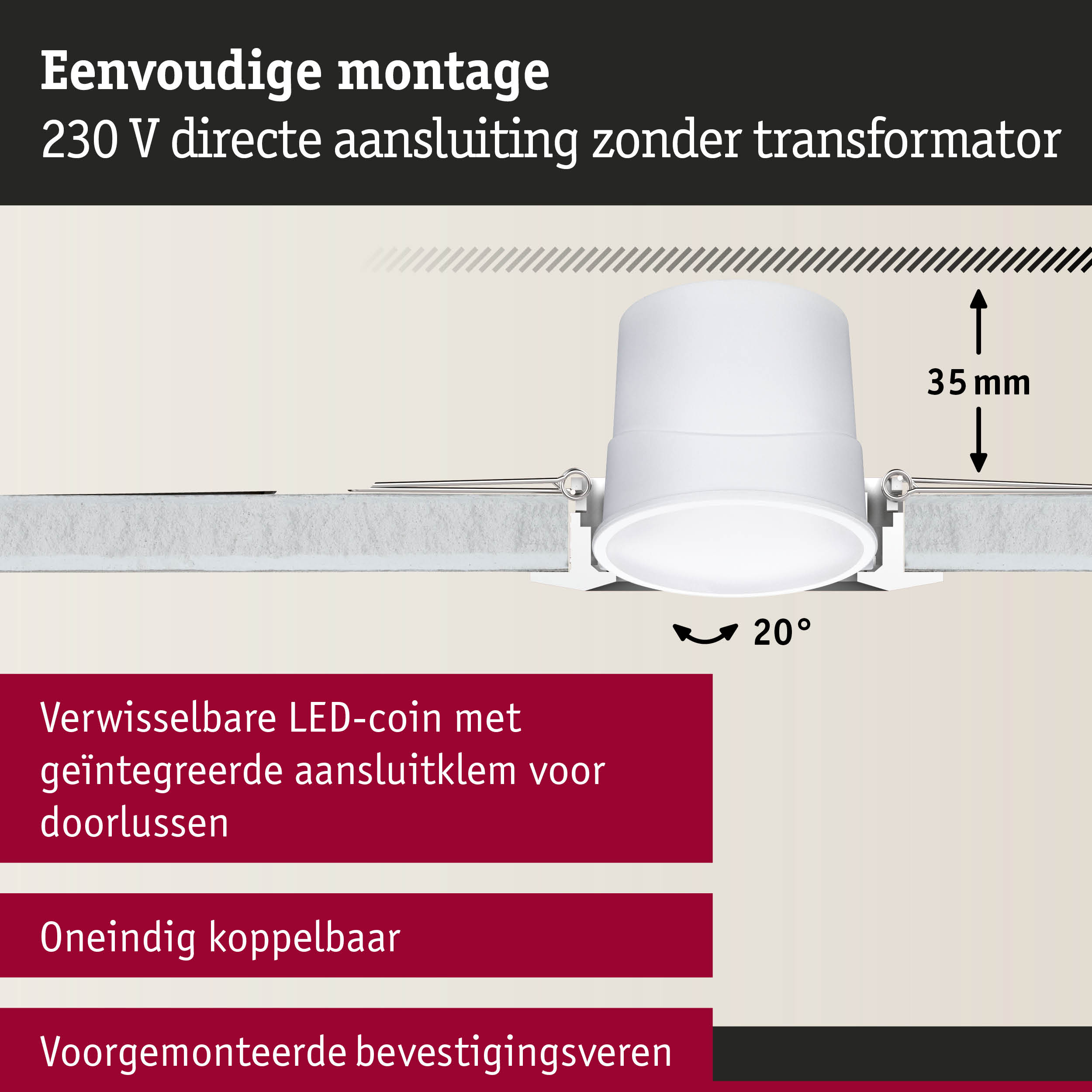 Witte LED-inbouwspot met 35 mm inbouwdiepte en 20° kantelbaarheid voor eenvoudige montage