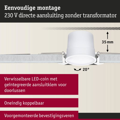 Witte LED-inbouwspot met 35 mm inbouwdiepte en 20° kantelbaarheid voor eenvoudige montage