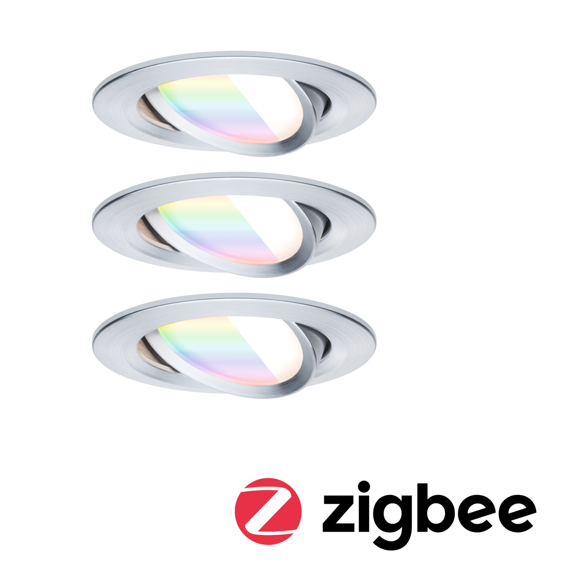 Oświetlenie wpuszczane LED Nova Coin okrągły 84mm 50° RGBW+ 3x6W 3x500lm 230V tłoczone aluminium Aluminium Three silver aluminum LED recessed spotlights with RGB color change and Zigbee smart lighting control