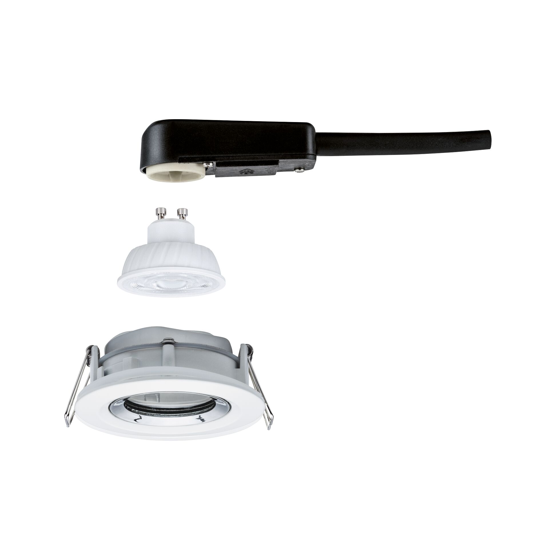 Explosionszeichnung eines weißen LED-Einbaustrahler-Sets mit GU10 Lampe und schwarzem Anschlusskabel