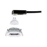Exploded view of white LED recessed spotlight set with GU10 bulb and black connection cable