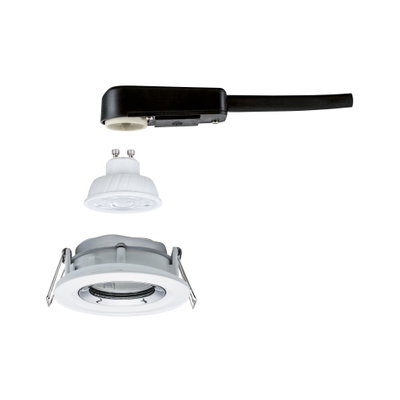Exploded view of white LED recessed spotlight set with GU10 bulb and black connection cable