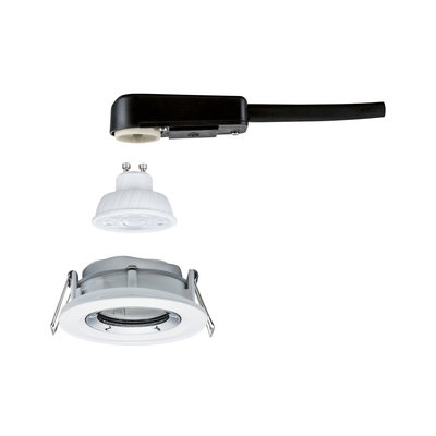 Explosionszeichnung eines weißen LED-Einbaustrahler-Sets mit GU10 Lampe und schwarzem Anschlusskabel