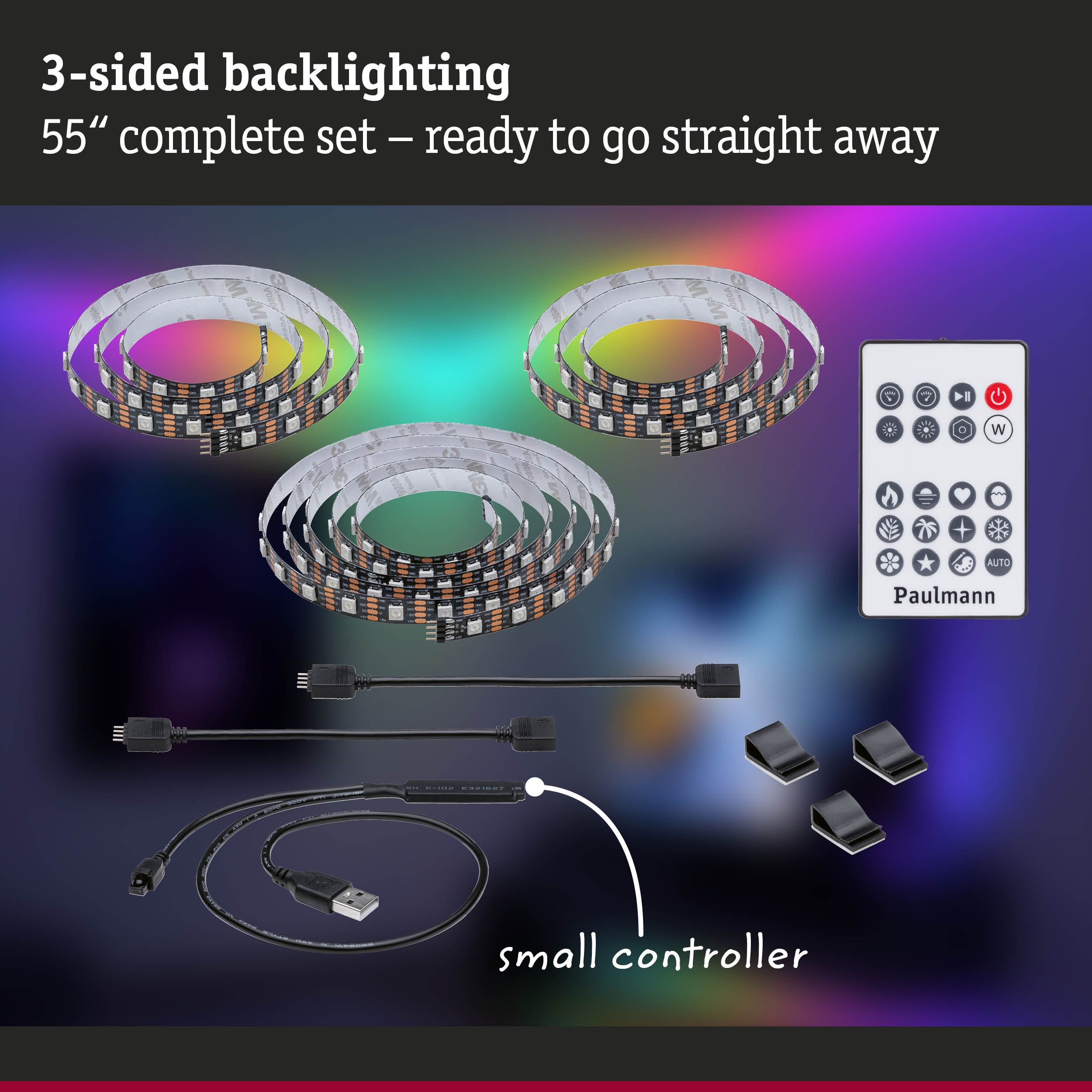LED strip light set with 3-sided backlighting and remote control for 55-inch screens