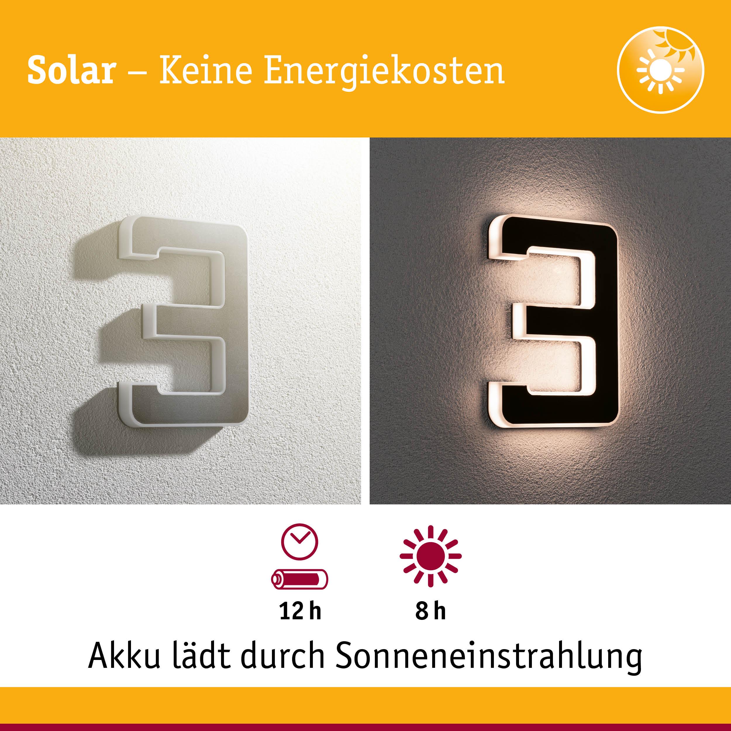 Solarbetriebene Hausnummer 3 aus Kunststoff in Weiß mit LED-Beleuchtung und Akku für energiesparende Außenbeleuchtung