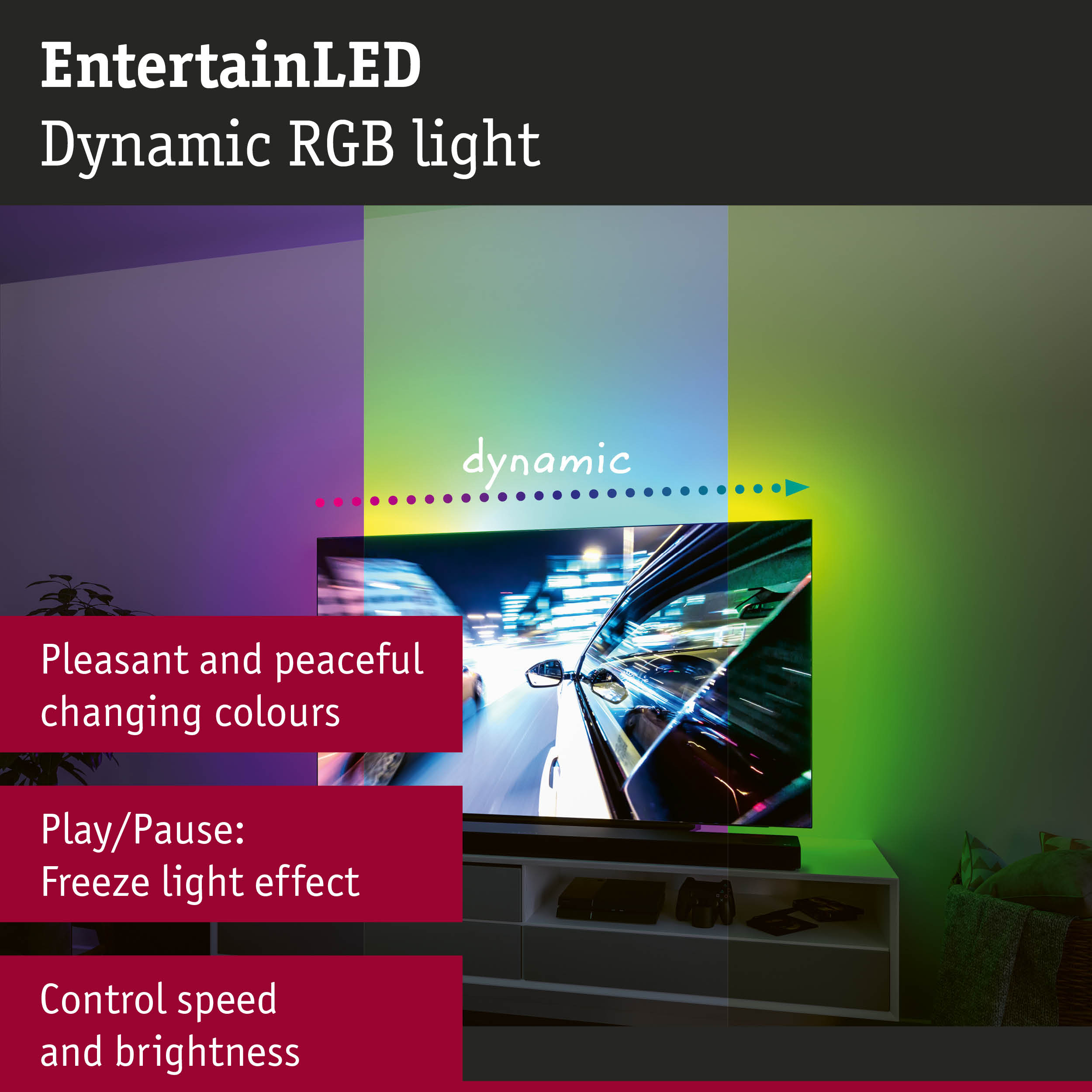 Dynamic RGB LED light with colour changing for pleasant ambience and adjustable brightness control