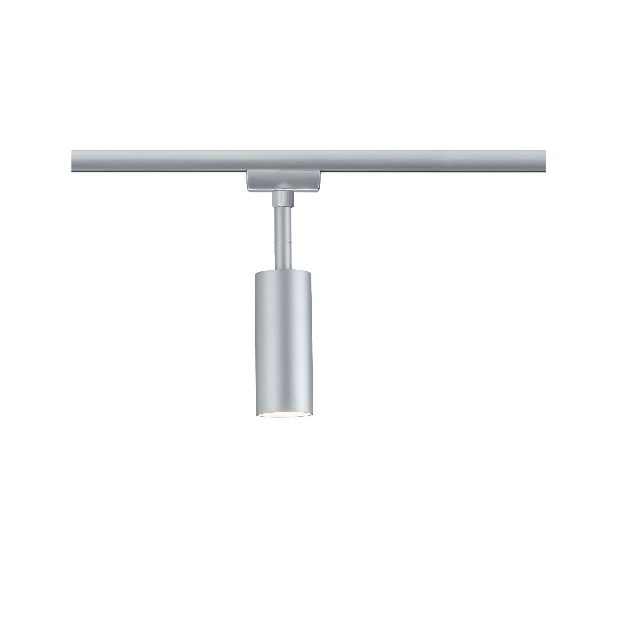 Moderner silberner LED-Strahler aus Metall an Schienensystem für flexible Raumbeleuchtung