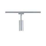 Moderner silberner LED-Strahler aus Metall an Schienensystem für flexible Raumbeleuchtung