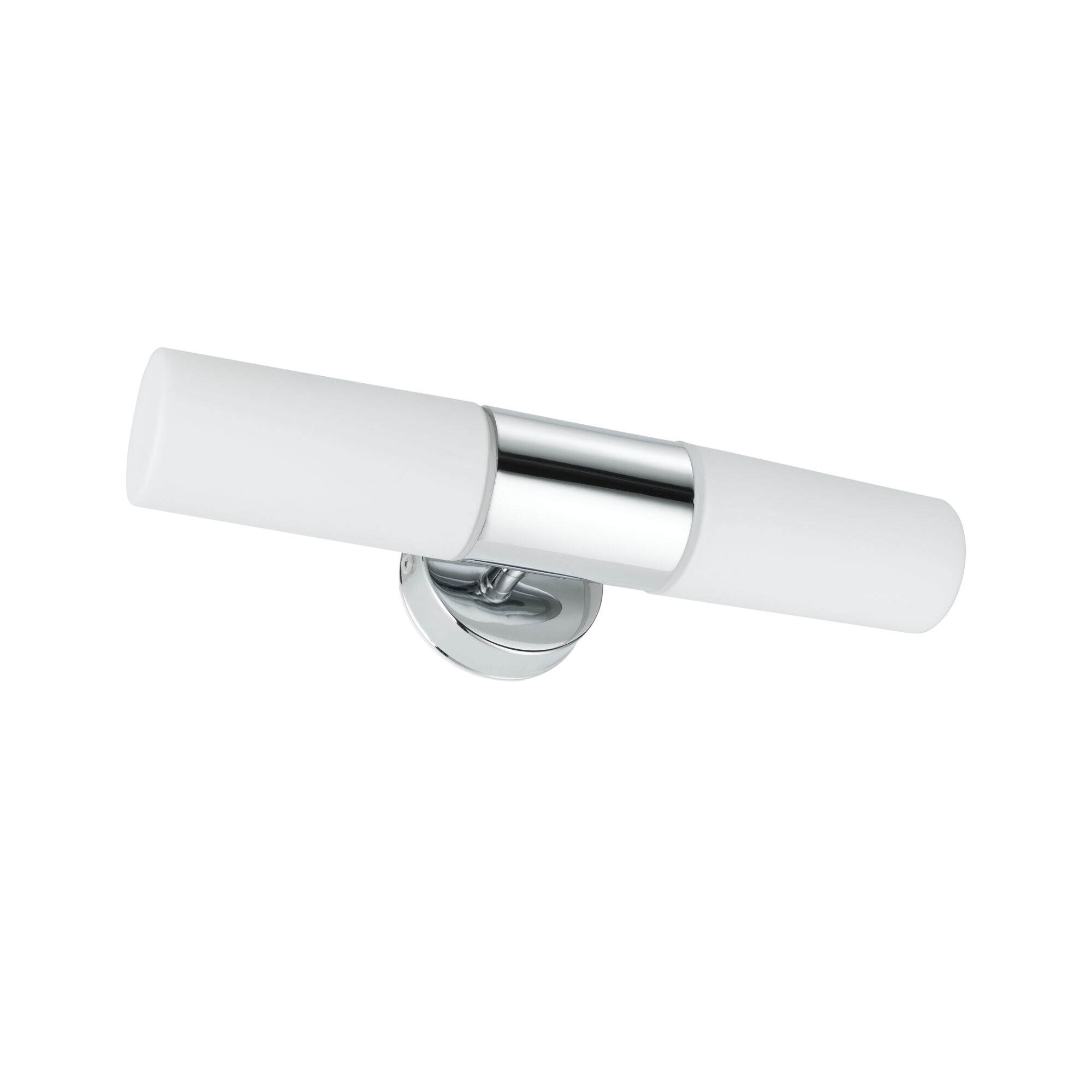 Moderne wandlamp met chroom metalen frame en twee witte glazen lampen voor badkamerverlichting