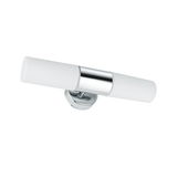Moderne wandlamp met chroom metalen frame en twee witte glazen lampen voor badkamerverlichting