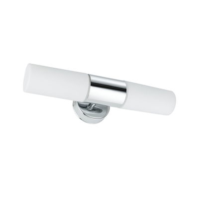 Moderne wandlamp met chroom metalen frame en twee witte glazen lampen voor badkamerverlichting