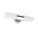 Modern wall light with chrome metal and two white glass lamps for bathroom lighting