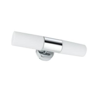 Moderne Wandlampe mit chromfarbenem Metall und zwei weißen Glasleuchten für Badbeleuchtung