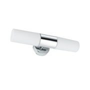 Modern wall light with chrome metal and two white glass lamps for bathroom lighting