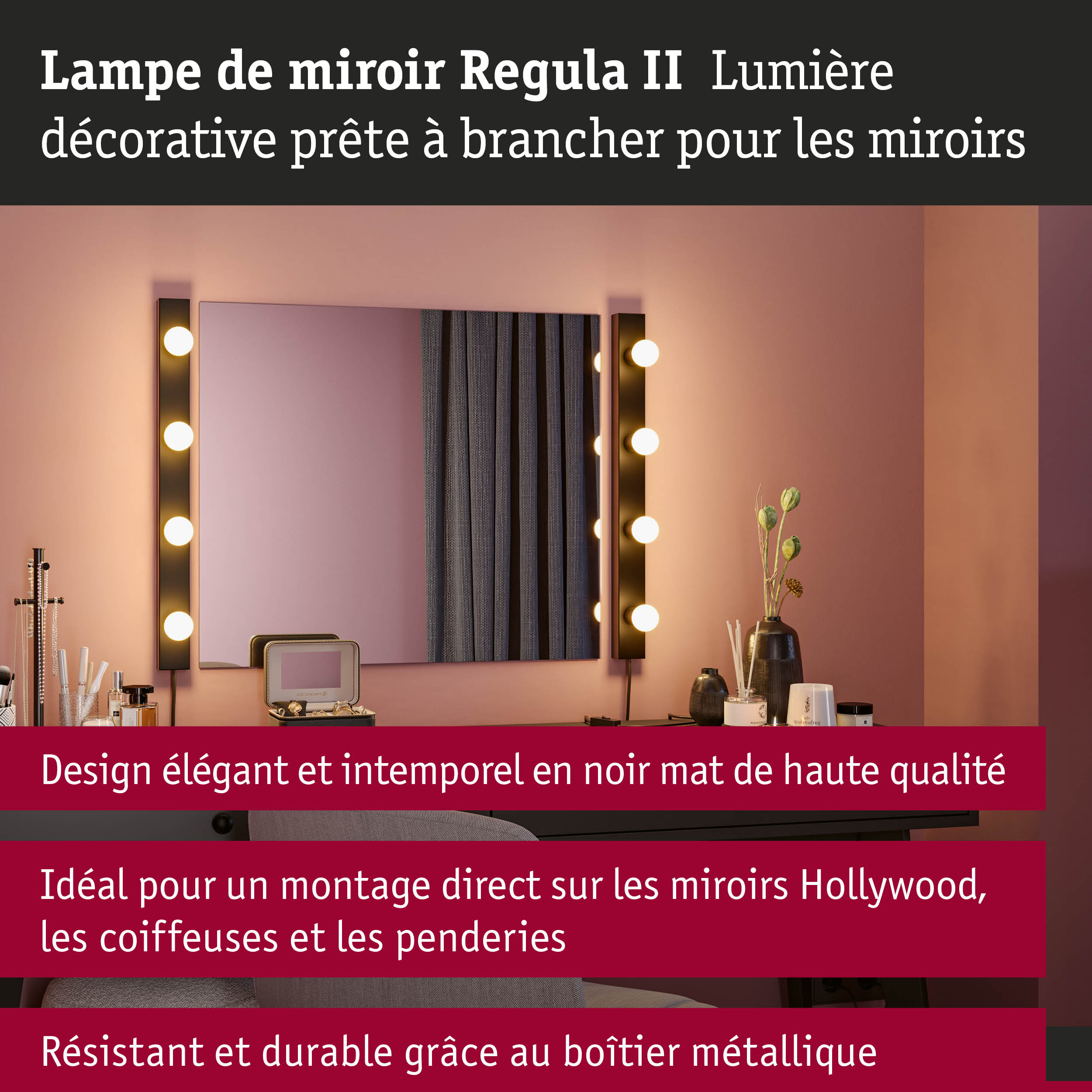 Kit Éclairage de miroir Regula II ampoules incluses 4-flammes E14 2700K 4x250lm 230V 4x2,5W gradable Noir/Calotte réflectrice en noir mat