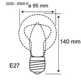 Technische tekening van een E27 LED-lamp met 95 mm diameter en 140 mm hoogte, kleurtemperatuur 2200-6500K