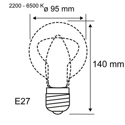 Technische tekening van een E27 LED-lamp met 95 mm diameter en 140 mm hoogte, kleurtemperatuur 2200-6500K