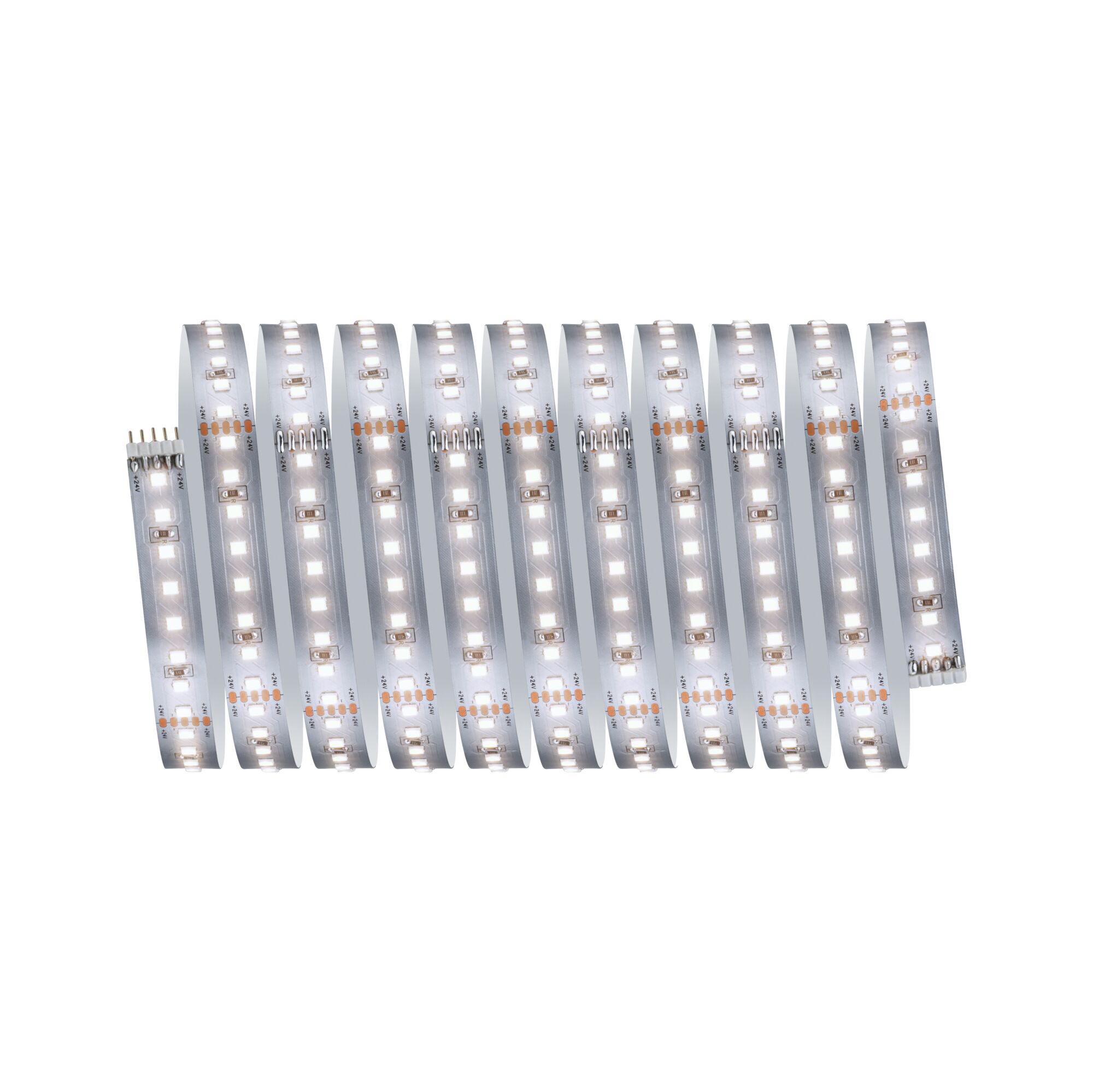 Flexibler LED-Streifen mit weißen LEDs auf silberner Platine für moderne Lichtakzente im Innenbereich
