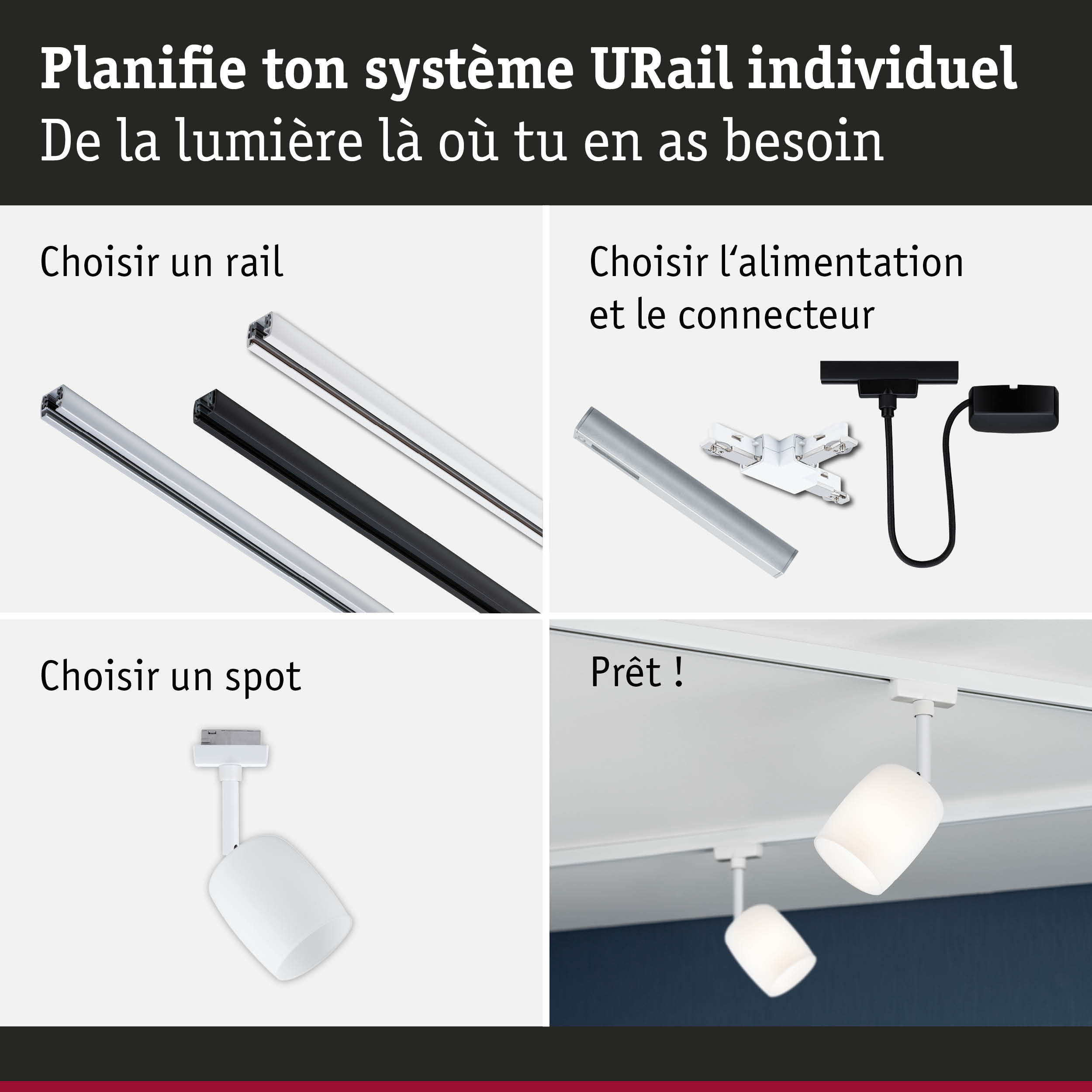 Système de rail URail modulaire en aluminium noir et blanc pour installation d'éclairage LED flexible.