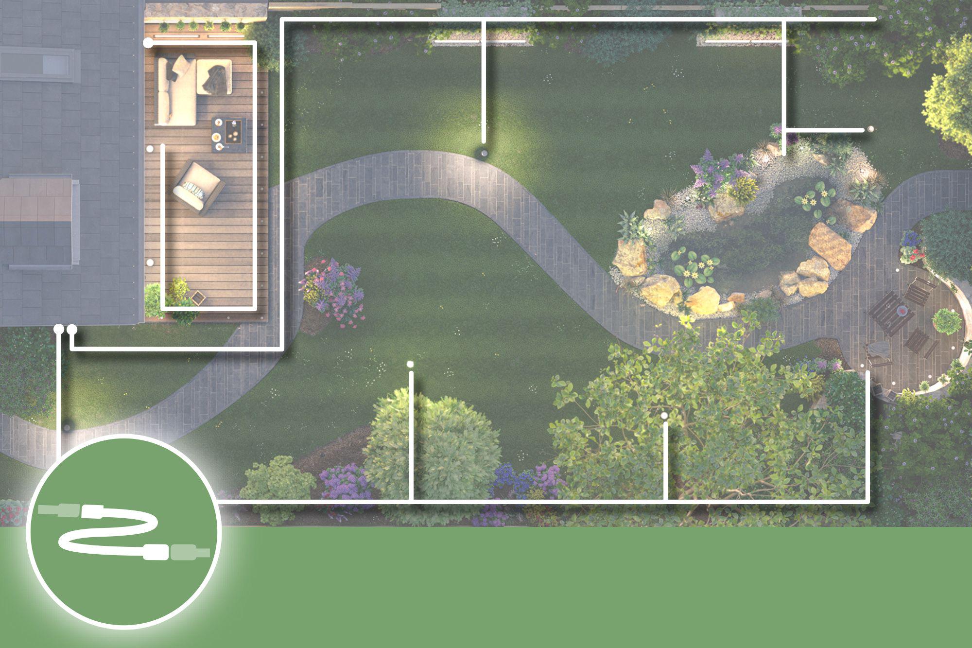 Garden lighting layout with white cable system for outdoor Plug and Shine LED lighting setup