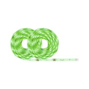 Two green glowing LED light strips on rolls made of flexible material for decorative lighting