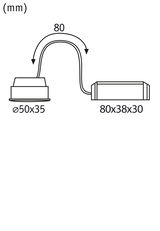 Technische tekening met afmetingen 50x35 mm en 80x38x30 mm voor LED-inbouwspot met kabel.