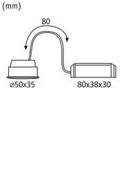 Schéma technique avec dimensions 50x35 mm et 80x38x30 mm pour spot LED encastré avec câble.