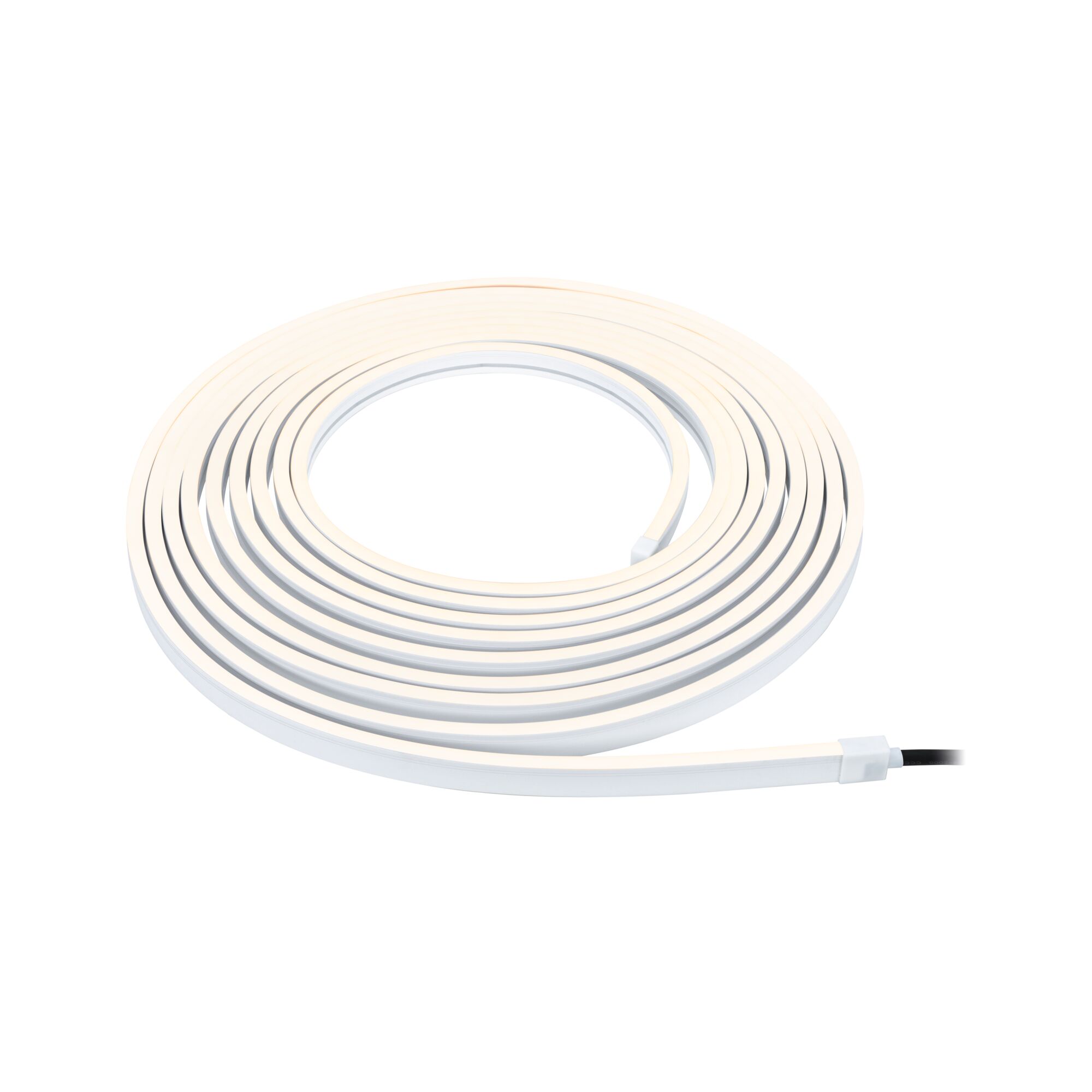 Flexibele witte LED-strip met warm wit licht voor moderne kamerverlichting en decoratie.
