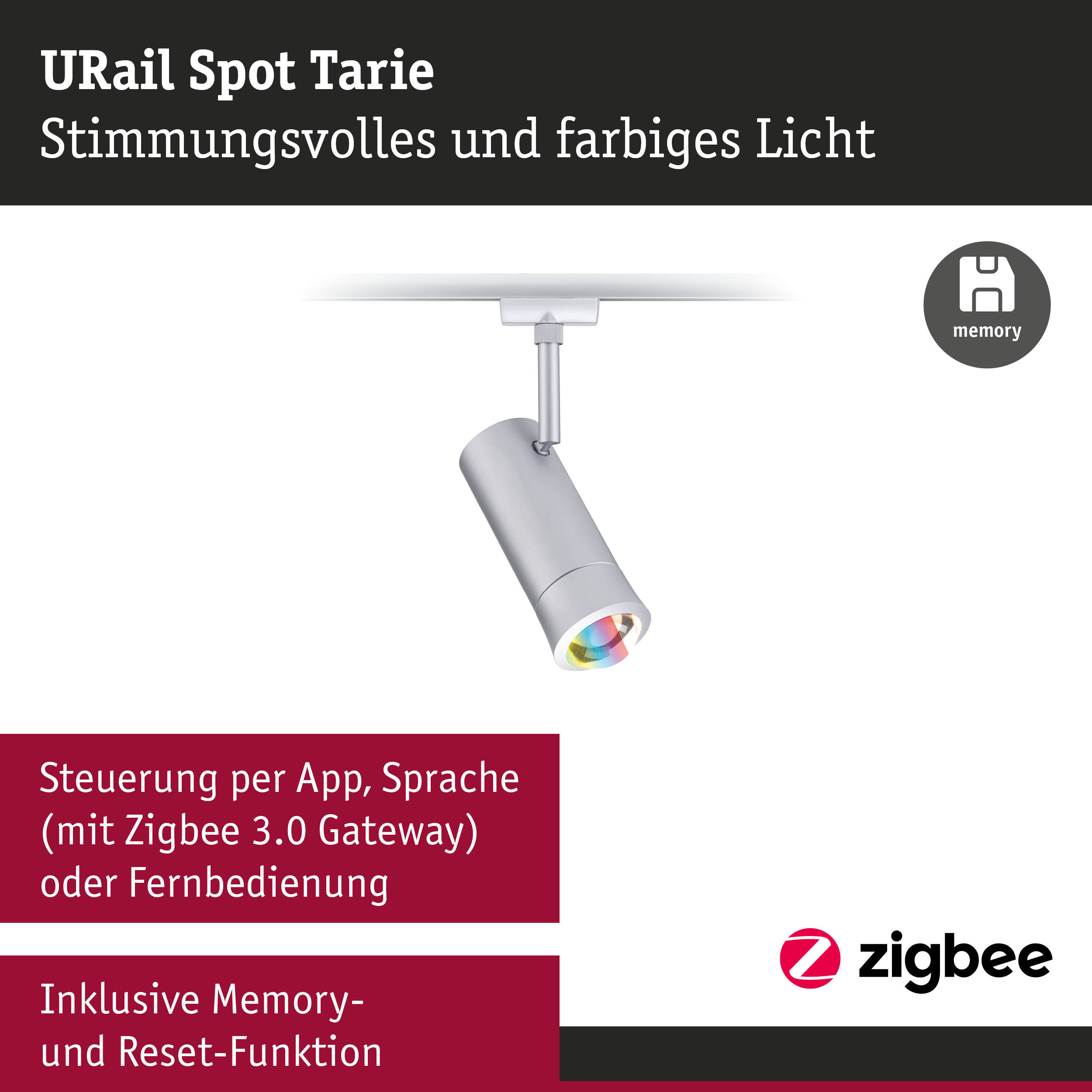 URail Spot Tarie in silbernem Metall mit farbigem Licht und Zigbee Steuerung für smarte Beleuchtung