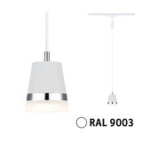 Pendant lamp with white metal and glass shade, chrome ring, modern LED pendant light RAL 9003.