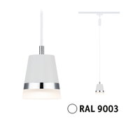 Hängelampe mit weißem Metall- und Glas-Schirm, Chromring, moderne LED-Pendelleuchte RAL 9003.
