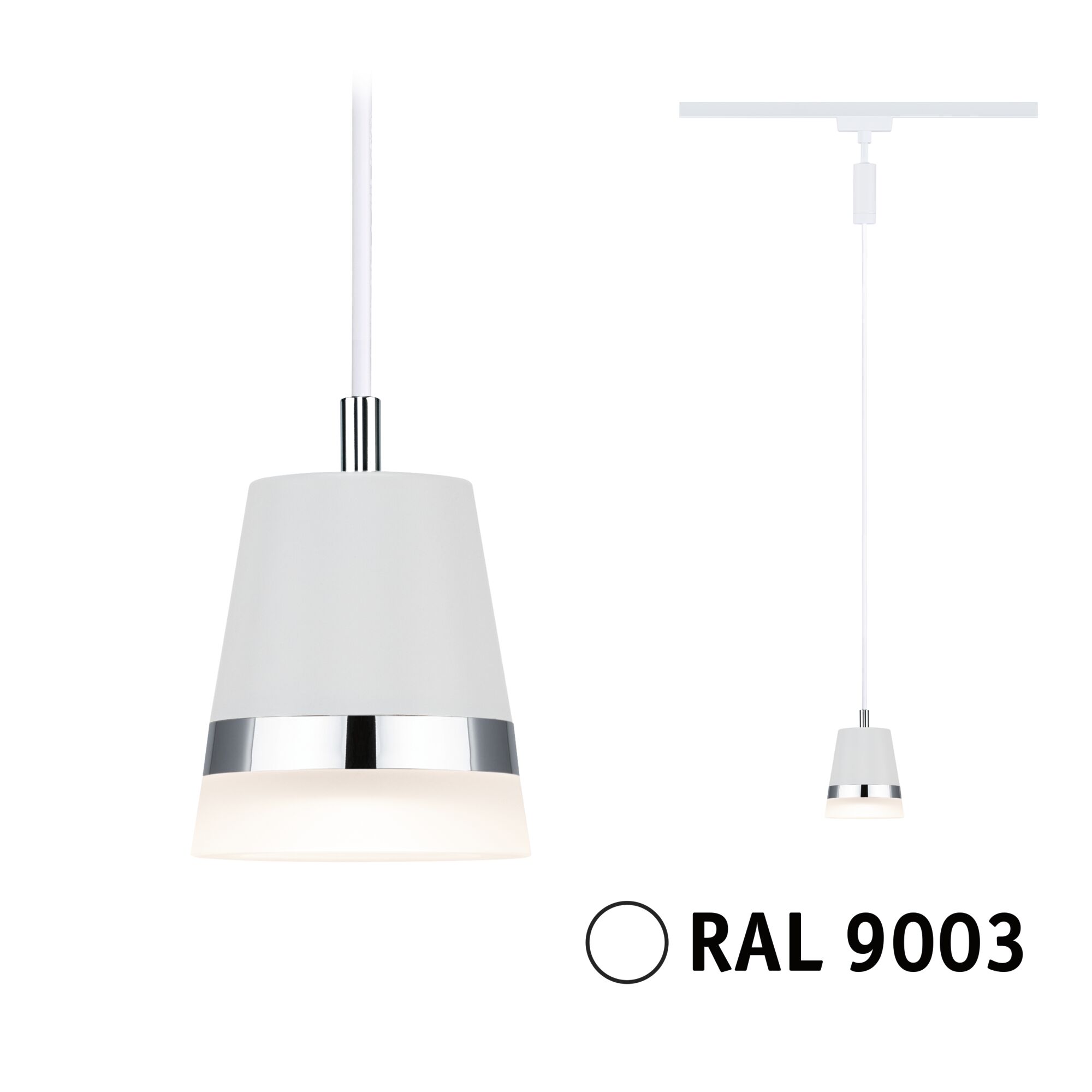 Hängelampe mit weißem Metall- und Glas-Schirm, Chromring, moderne LED-Pendelleuchte RAL 9003.