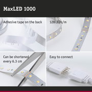 MaxLED 1000 LED strip with 128 LEDs per meter, adhesive backing, cuttable every 6.3 cm, easy to connect