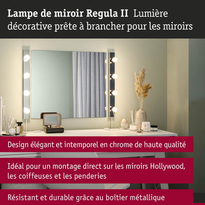 Lampe de miroir Regula II en chrome de haute qualité avec ampoules décoratives pour miroirs Hollywood.