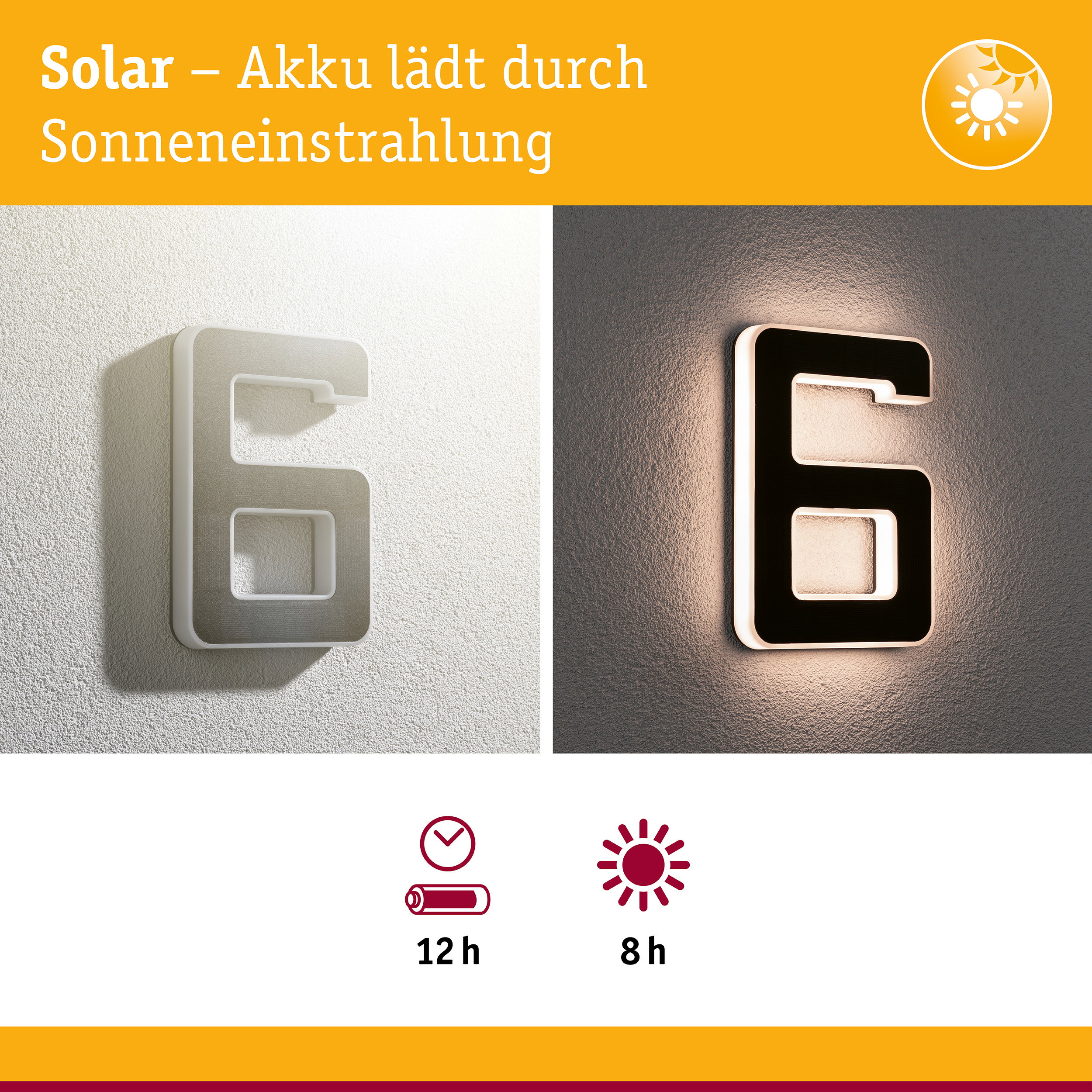 Solar LED Hausnummernleuchte inkl. wechselbarer Akku Nummer 6 IP44 3000K 6lm Schwarz