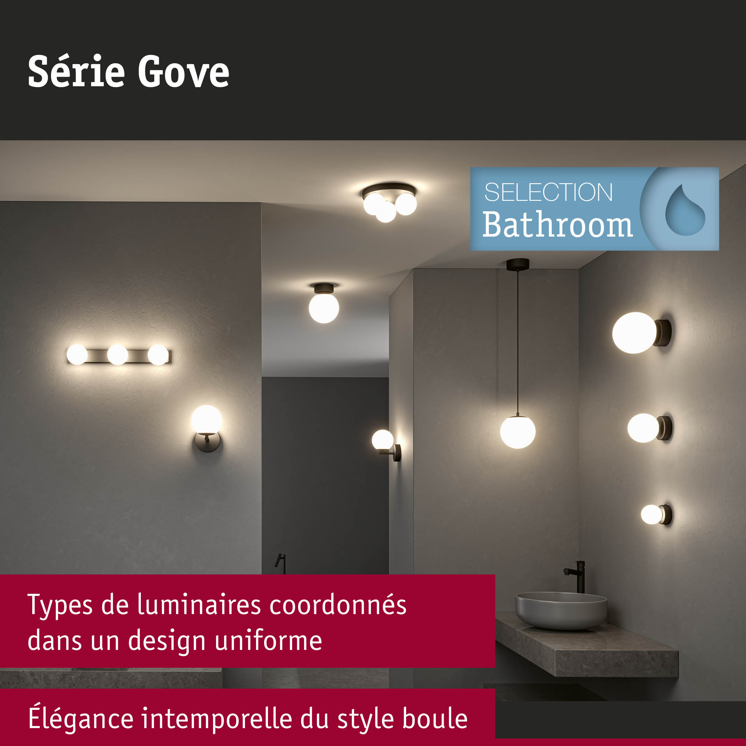 Différents luminaires de salle de bain de la série Gove avec globes en verre blanc et supports noirs mats