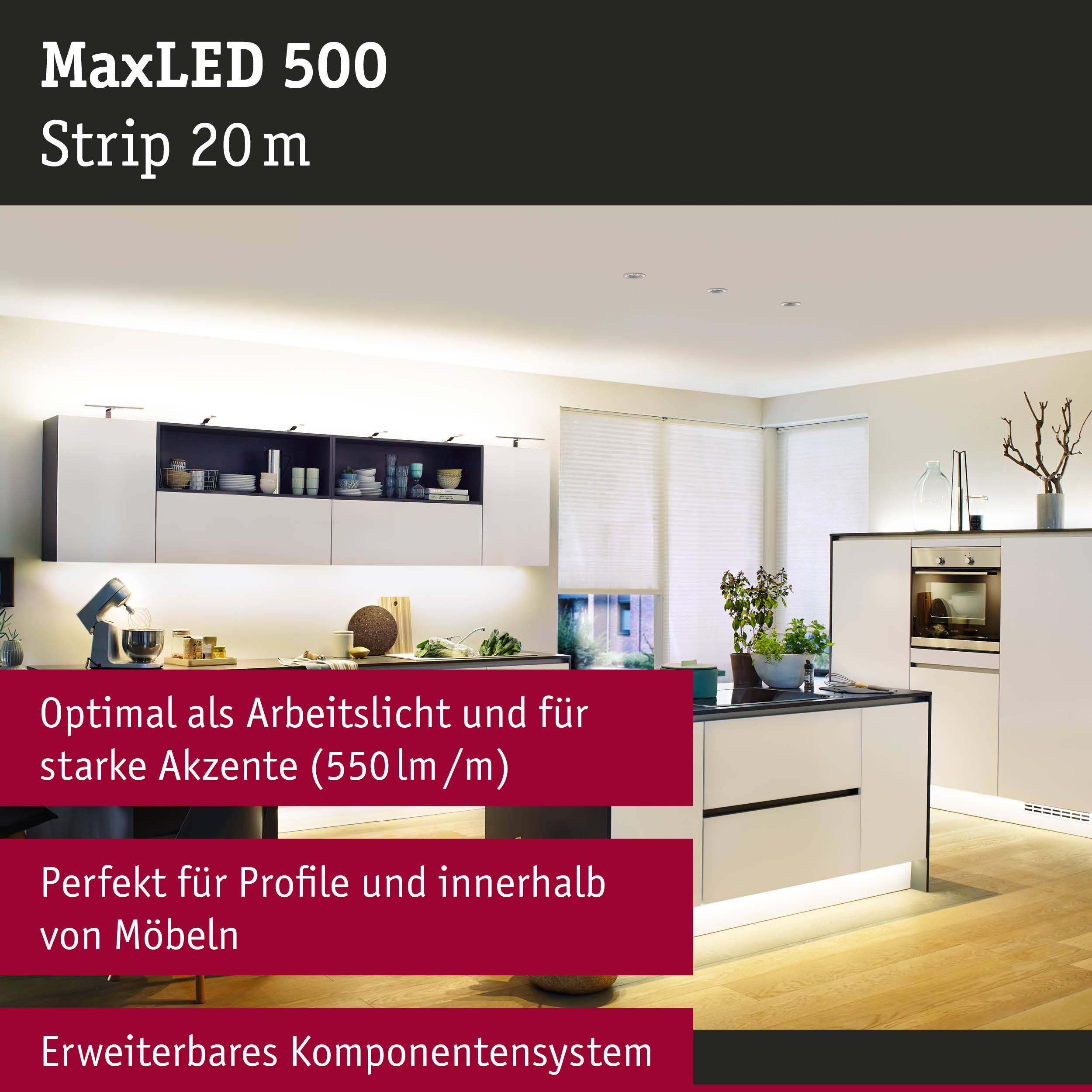 MaxLED 500 LED-Lichtband 20 m in moderner Küche mit weißer Möbelfront und Akzentbeleuchtung