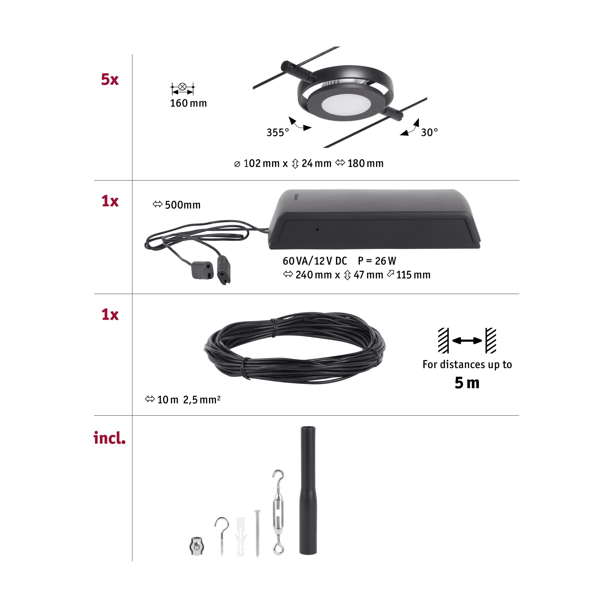 Technical drawing showing five black LED cable spotlights, power supply, 10m cable, and mounting parts.