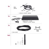 Technical drawing showing five black LED cable spotlights, power supply, 10m cable, and mounting parts.