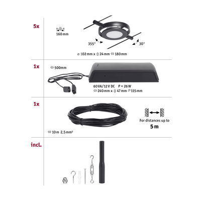 Technical drawing showing five black LED cable spotlights, power supply, 10m cable, and mounting parts.