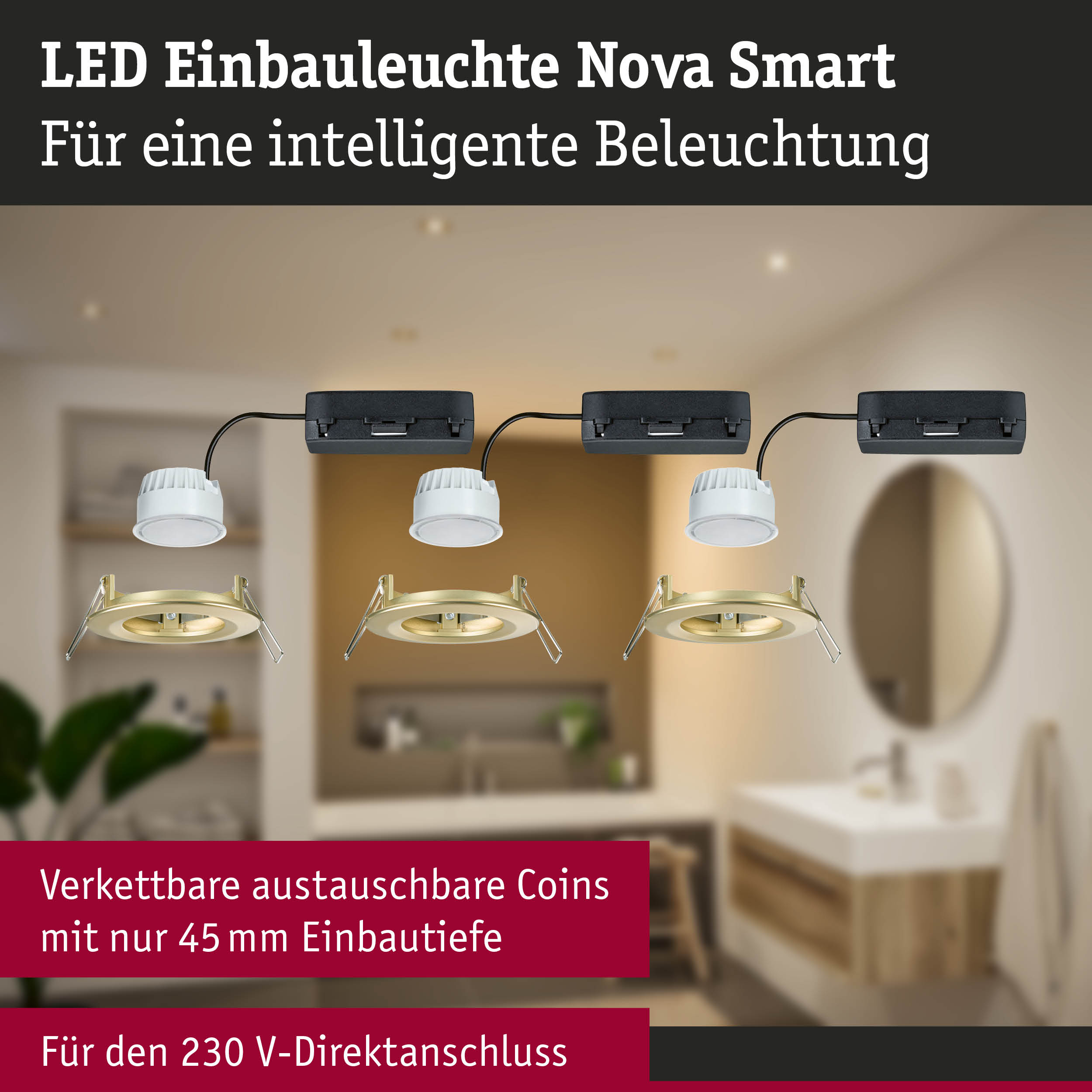 LED Einbauleuchte Nova Smart mit goldfarbenem Rahmen und weißem Leuchtmittel für intelligente Beleuchtung